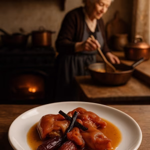 Manitas lacadas con dátiles y fondo especiado con abuela cocinando al fondo