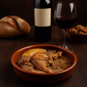 Vista ampliada de estofado de perdiz servido con copa de vino, pan rústico y fondo de mesa gourmet. "Estofado de perdiz gourmet con peras – MiMarmita"