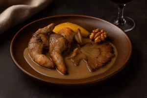 Plato de perdiz estofada con fondo de madera y mantel de lino, presentación rústica y elegante