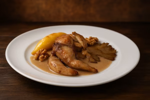 Estofado de perdiz con peras y setas emplatado en vajilla de alta cocina con fondo neutro elegante