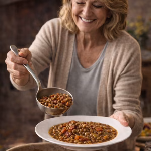 Mujer sirviendo lentejas estofadas con chorizo ahumado en un plato, escena de cocina casera y tradicional.