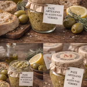 Paté artesano de aceitunas verdes en marmita de 90 g con etiqueta colgante gourmet
