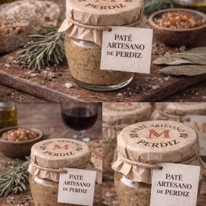 Paté artesano de perdiz en marmita de cristal 90 g con tapa kraft y etiqueta colgante